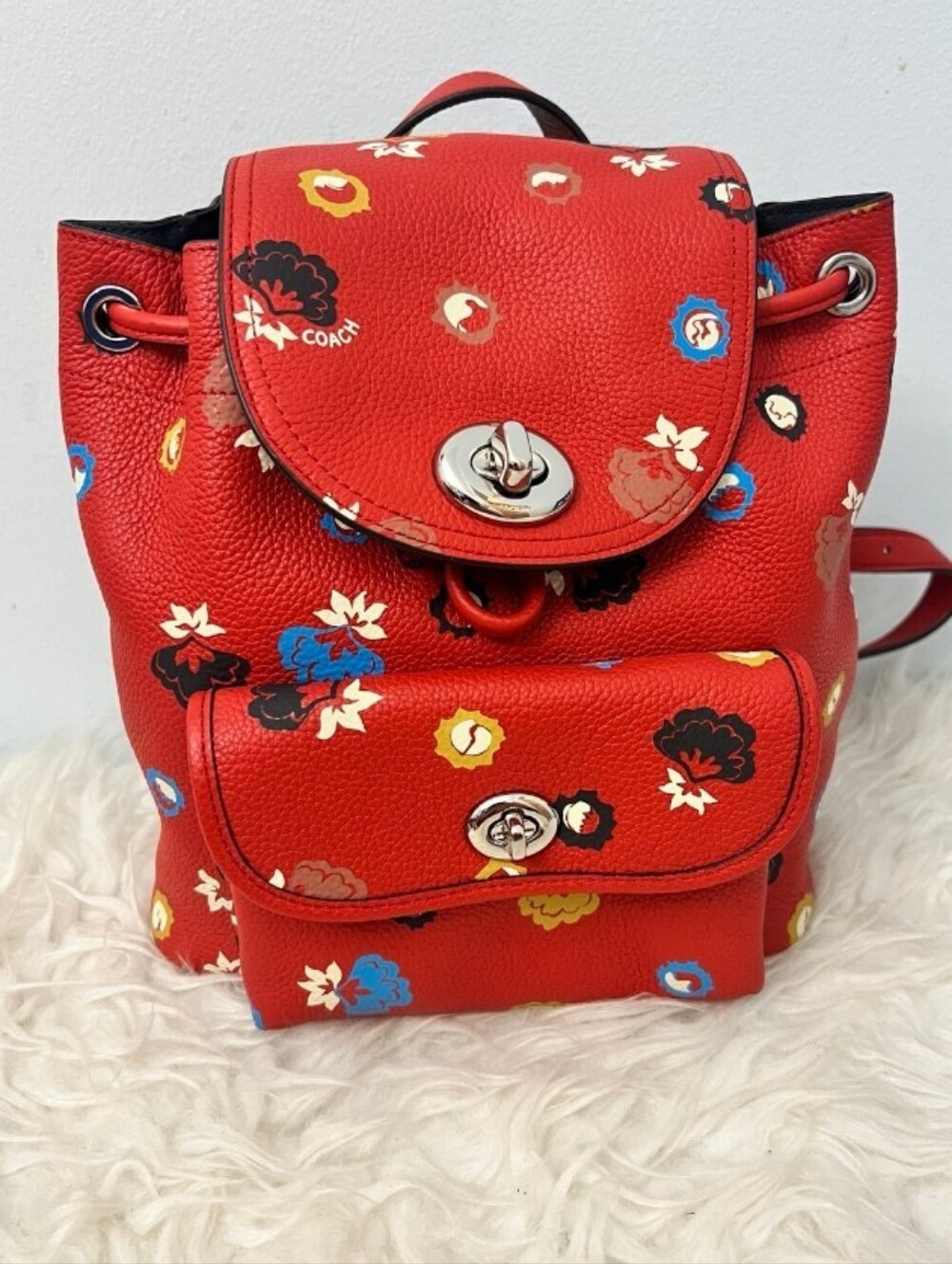 COACH Mini Turnlock Rucksack Floral Print 37738 Backpack Carmine Red Leather